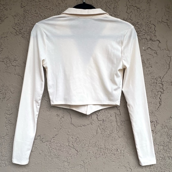 NWOT Forever 21 Long-Sleeve Tie-Front Top Shirt Cropped Off-White Knit Collar XS - Picture 7 of 7